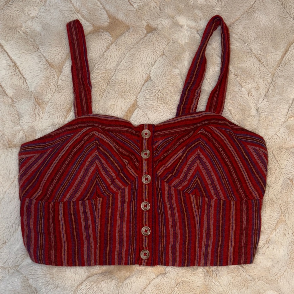 Red Striped Button-Front Crop Top